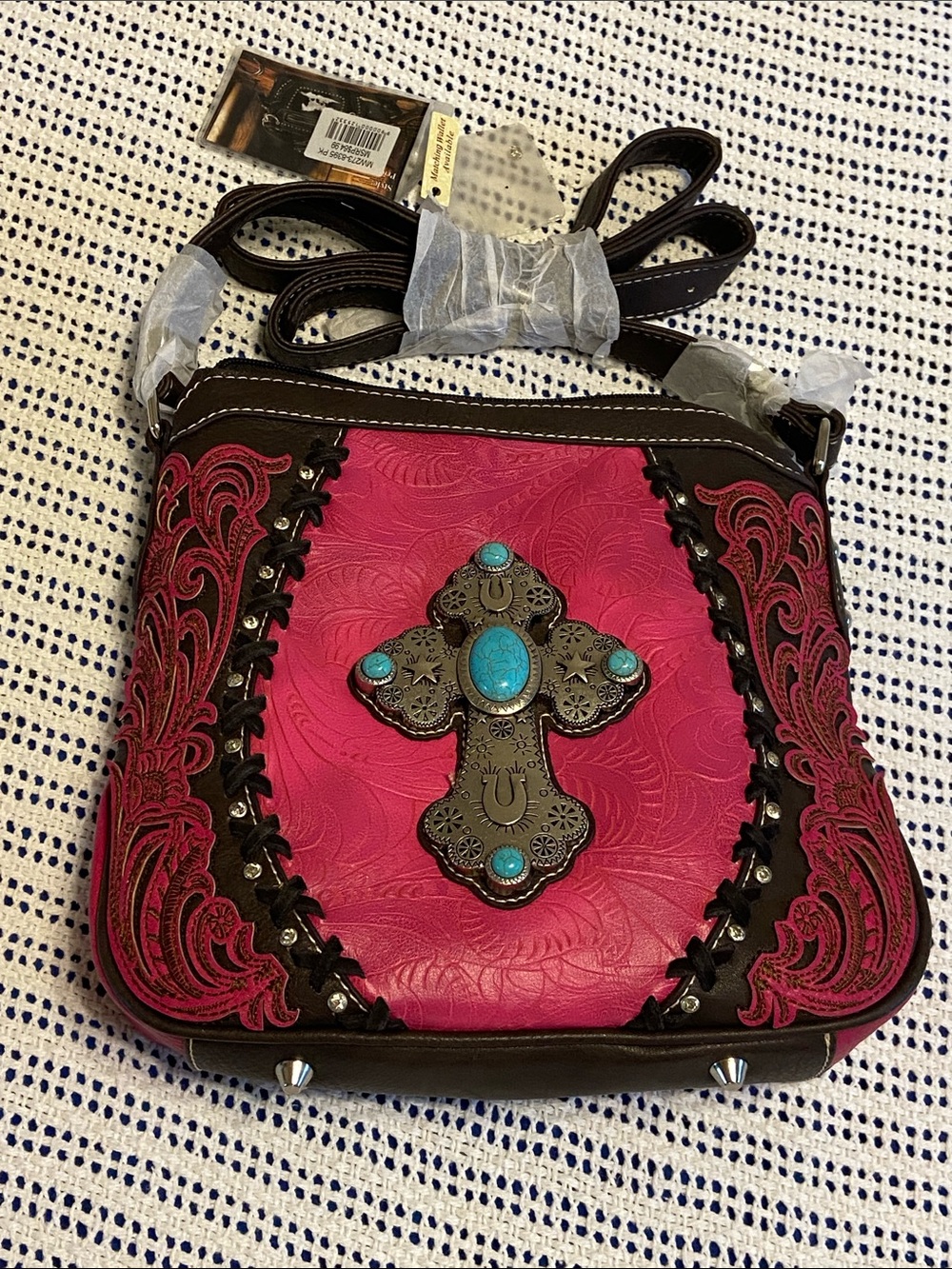 Montana West Crossbody Bag features Embossed design turquoise stone cross NEW